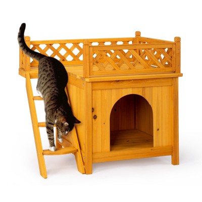 phiestina 2-Story Wooden Feral Cat House, Yellow, with Stairs & Balcony for Indoor/Outdoor Use