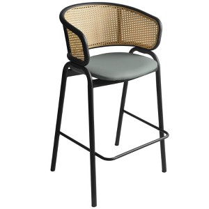 LeisureMod Ervilla Wicker Bar Stool with Fabric Seat and Black Steel Frame - Grey Leather - 1 of 4