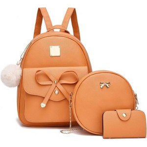 3-Pieces Girls Bowknot Fahsion Leather Backpack Backpack Purse for Women Rucksack - 1 of 4