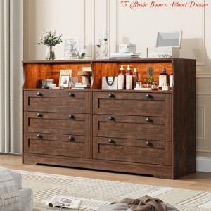 Living Room 55" Rustic Brown Wood Dresser, 6-Drawer Dresser Storage Organizer w/ Light & Large Capacity, Modern Dresser - 1 of 4
