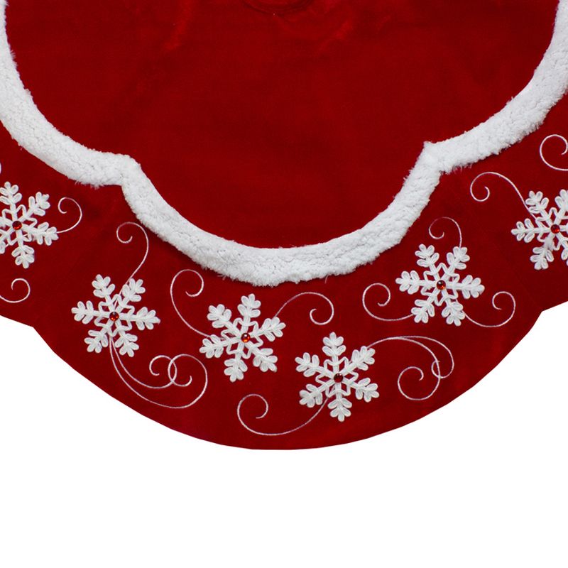 Northlight 48-Inch Velvet Red and White Snowflake Scallop Christmas Tree Skirt, 3 of 4