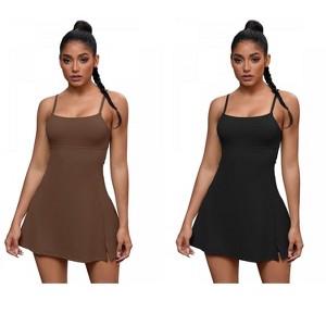 INSPIRE CHIC 2 Pcs Women's Spaghetti Strap with Built-in Bra and Shorts Workout Side Slit Square Neck Full Slips - 1 of 4