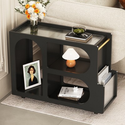 TIRAMISUBEST Mobile End Table with Lockable Wheels, Narrow Coffee Table with 5mm Thick Fluted Tempered Glass, Modern Nightstand with Golden Round Rod