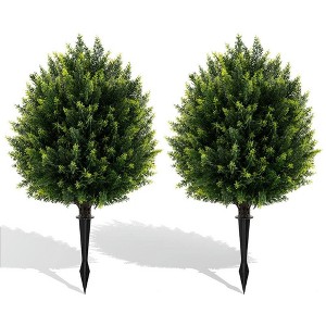 Resenkos 24-Inch Artificial Cypress Topiary Ball Pair, Includes Ground Spike for Easy Outdoor Placement, Green - 1 of 4