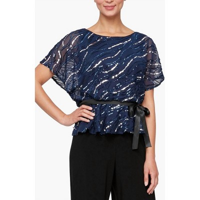 Women's Short Sleeve Blouson Blouse with Tie Belt - Alex Evenings