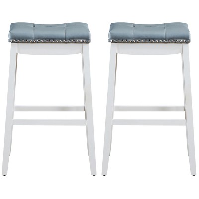 Tangkula Set of 4 Saddle Bar Stools Backless Nailhead Counter Stool with Grey Cushions Coffee/White