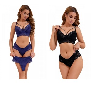 INSPIRE CHIC 2 Sets Women's Cross-Straps Bralette and Panty Mesh Floral Lace Bra and Underwear - 1 of 4