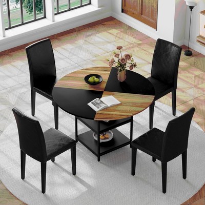 5/7 PCS Round Dining Table Set Modern Dining Set Kitchen Table Set with Upholstered Chairs, Brown+Black-Modernluxe