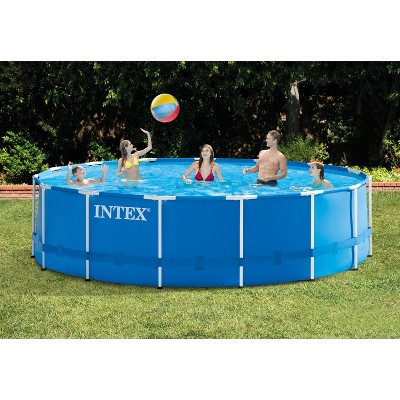 Intex 15 Foot by 48 Inch Round Metal Frame Above Ground Swimming Pool Set for Outdoor Use with Filter Pump, Ladder, Ground Cloth, and Cover, Blue