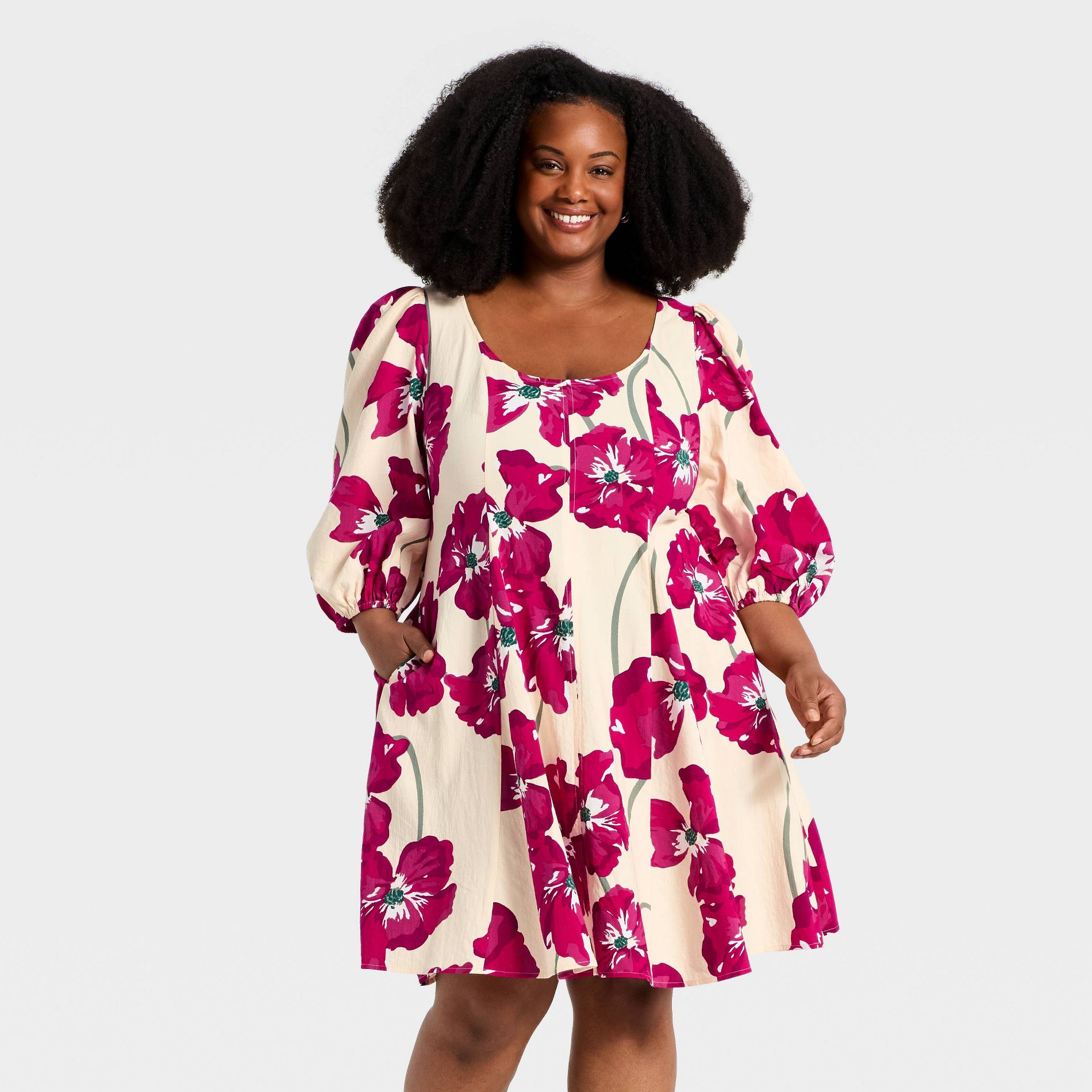 Women's Bishop 3/4 Sleeve Seamed Midi A-Line Dress - Ava & Viv™ Cream/Berry Floral