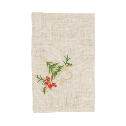 Saro Lifestyle Embroidered Ornament Holly Design Holiday Linen Blend Napkin (Set of 4), 20"x20", Beige - image 1 of 4