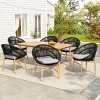 7Pcs Outdoor Patio Dining Set, Dining Set with 6 PE Rattan Chairs and 1 Acacia Wood Table, Wood Frame Chairs with Foam Cushion-Coolbibila - 3 of 4
