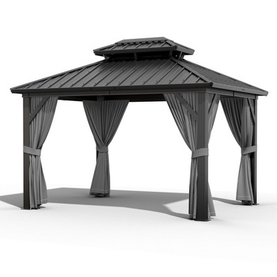 Acekool Hardtop Gazebo for Patio with Netting and Curtains, Metal Roof Canopy Aluminium Frame Permanent Pavilion