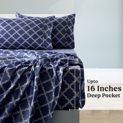 Navy Blue and White Microfiber Twin XL Deep Pocket Sheet Set