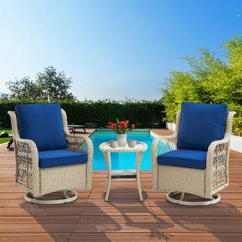 Whizmax 3-Piece Outdoor 360 Degree Swivel Rocking Chair Patio Set, Swivel Rocking Chair 2-Piece Set with Rattan Side Table, Blue Cushion