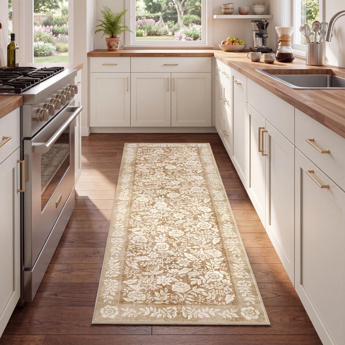 Retro Floral Washable Area Rug with TPR Rubber Backing, Soft Non-Slip Botanical Rug for Bedroom Living Room Nursery - thumbnail 3