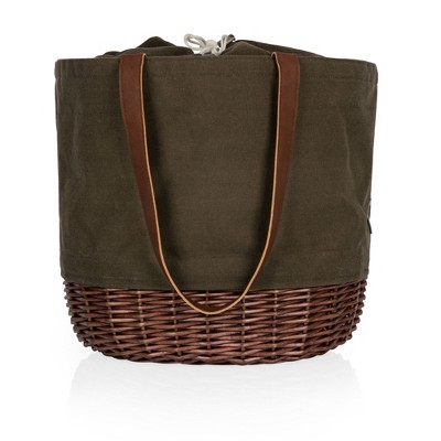 Khaki Green and Brown Canvas and Willow Basket Tote