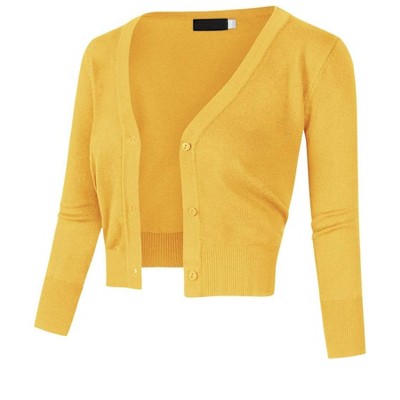 Women Solid Button Down 3/4 Sleeve Cropped Bolero Cardigan Sweater