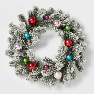 22" Flocked Artificial Christmas Wreath with Bright Ornaments - Wondershop™