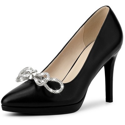 BLISSFUL STEP Women's Rhinestone Bow Pointed Toe Stiletto Heel Pumps