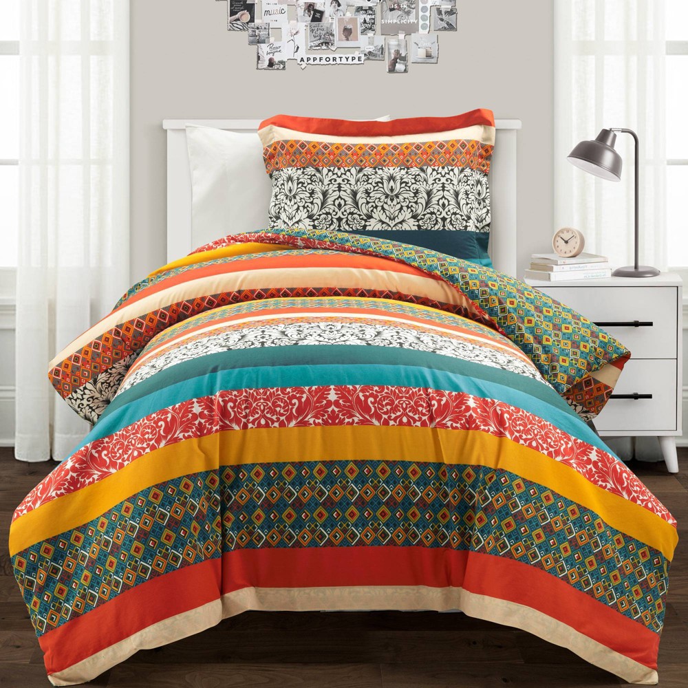Photos - Bed Linen Lush Décor 3pc King Boho Stripe Reversible Cotton Duvet Cover Set Turquois