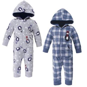 Hudson Baby Infant Boy Fleece Jumpsuits, Coveralls, and Playsuits 2pk, Blue Penguin