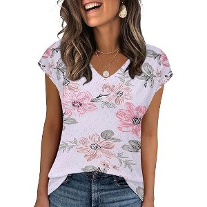 Zeagoo Women's Tank Top V Neck Eyelet T Shirts Cap Sleeve Tops Loose Fit Blouses Dressy Casual Summer Basic Shirts - 1 of 4