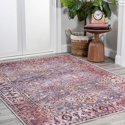 Gray and Plum Persian Floral Machine-Washable 4' x 6' Area Rug