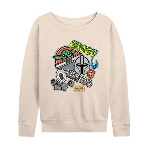 Women's - Star Wars - The Mandalorian Mando Grogu Stickers Lightweight French Terry Wide Neck Long Sleeve Graphic Shirt - 1 of 4