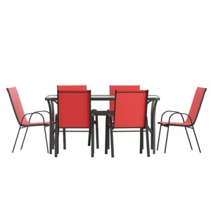 Merrick Lane 7 Piece Outdoor Dining Table Set for 6 with Glass-Top Patio Table and 6 Stack Chairs with Flex Comfort Material - 1 of 4