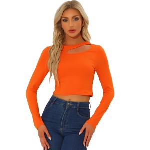 Allegra K Women's Casual Long Sleeve Cut Out Slim Fitted Basic Crop Tops - 1 of 4