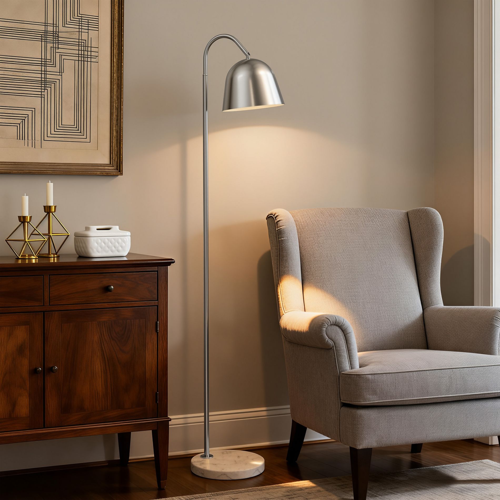 Maxax 64" Modern Arc Floor Lamp, Nickle Metal Adjustable Lamp, Reading Standing Lamp for Living Room, Bedroom, Office, Bulb Not Included