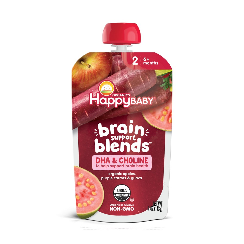 Happy Baby Brain Support Blends, Organic Stage 2 Baby Food with DHA & Choline - 4oz