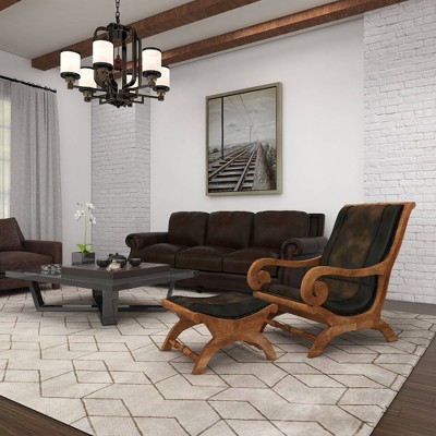 Traditional Dark Brown Leather Accent Chair and Ottoman Set