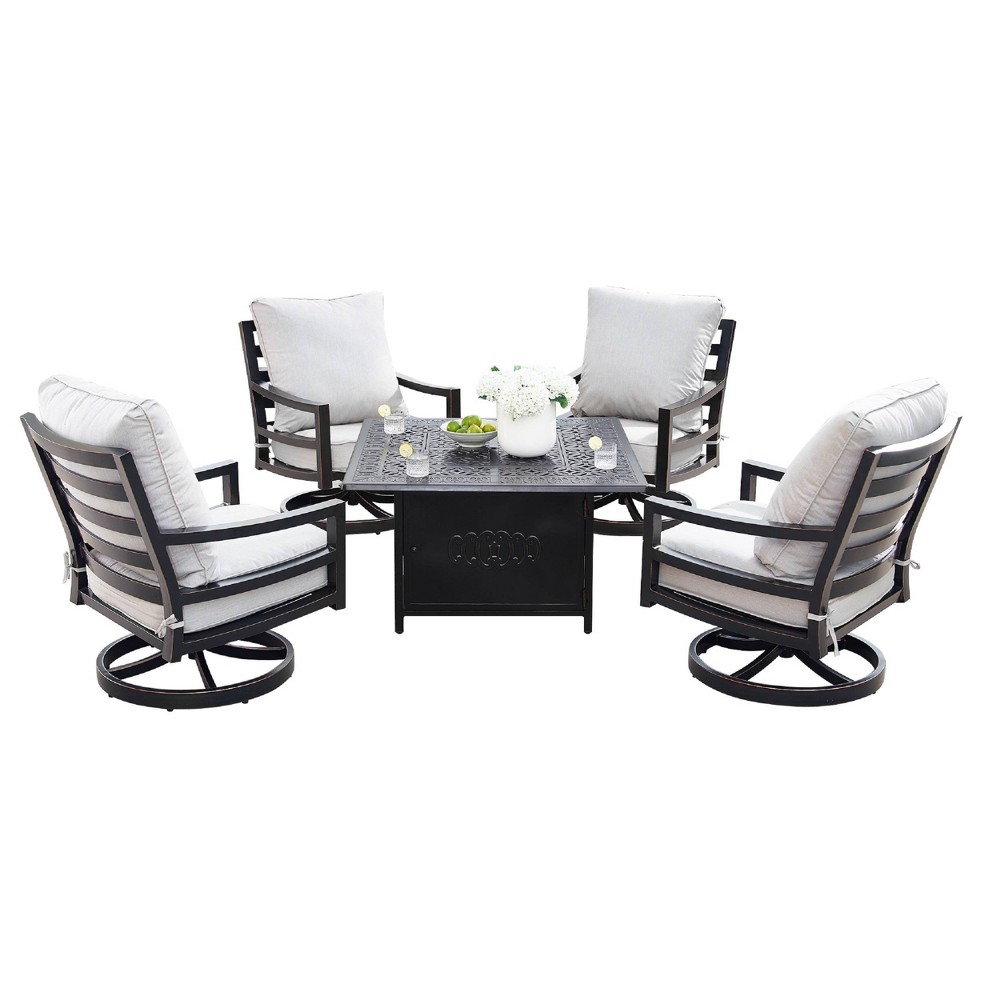 5pc Outdoor Dining Set with 42"" Aluminum Square Medallion Design Fire Table & Deep Seating Swivel Rocking Chairs - Oakland Living -  85307865