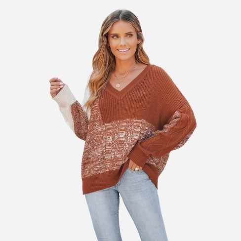 Women's V Neck Split Trim Oversized Sweater - Cupshe -light Brown