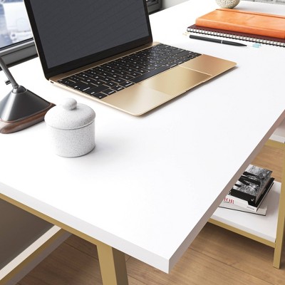 Modern White and Gold Desk with Open Shelves and Metal Frame