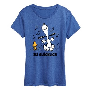 Women's - Peanuts - Snoopy and Woodstock Be Happy German Short Sleeve Graphic T-Shirt - 1 of 4