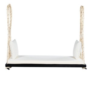 NAYSAYE Patio Swing Wooden Porch Swing Bench with Cushion and Pillows for Outdoor Relaxation, Black, 64.75"*26"6.25" - 1 of 4