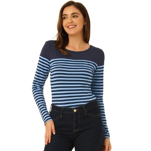 INSPIRE CHIC Women's Color Block Round Neck Long Sleeves Striped Basic T-Shirt - 1 of 4