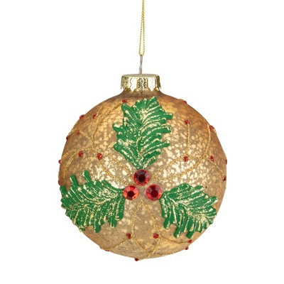 Northlight 4" Gold Holly Berry Mercury Glass Ball Christmas Ornament