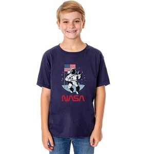 NASA Boys' Retro NASA Letter Logo Thumbs Up Astronaut Crewneck T-Shirt Blue - 1 of 4