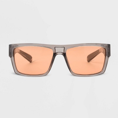 Image of Men's Shiny Crystal Plastic Rectangle Sunglasses with Orange Lenses - Original Use™ Gray