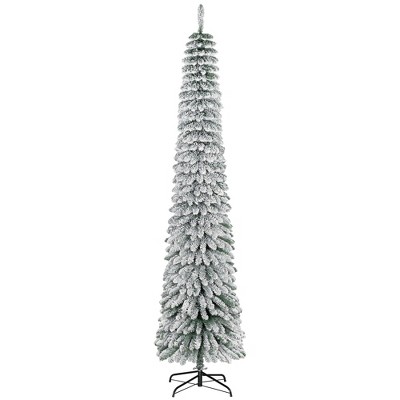 8' Tall Unlit Slim Pencil Xmas Tree, Snow Flocked Artificial Christmas Tree with Realistic Branches and 603 Tips