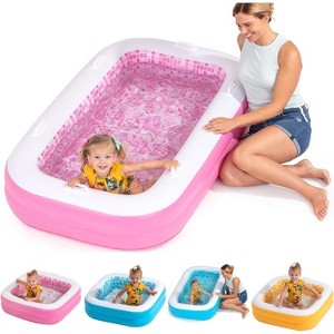 Jasonwell 2-in-1 Inflatable Kiddie Pool 65"x39"x10", Soft Cushioned Floor, Handles, Drain, Shallow Rectangular Pool for Kids 2+, Playful Pink - 1 of 4