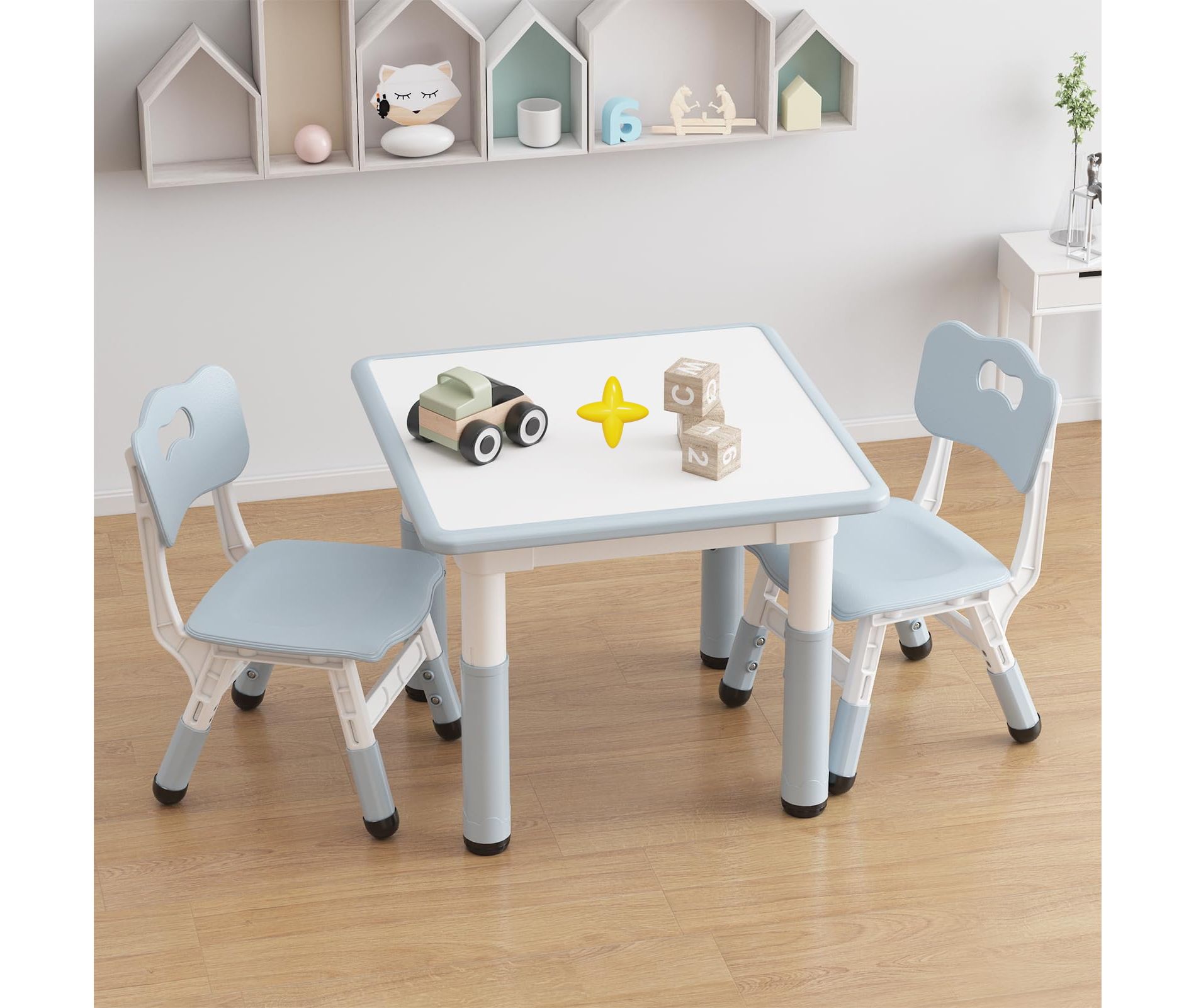 Kids Table and 2 Chairs Set, Height Adjustable Toddler Table and Chair Set, Graffiti Desktop, Children Multi-Activity Table for 2
