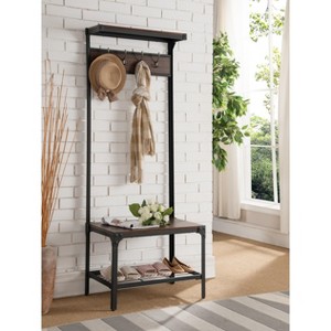 Kings Brand Furniture Joslin Entryway Bench with Storage Rack - Metal Shoe Rack & Coat Rack with Shelf & Hooks - Antique Hallway Bench - Black/Walnut - 1 of 3