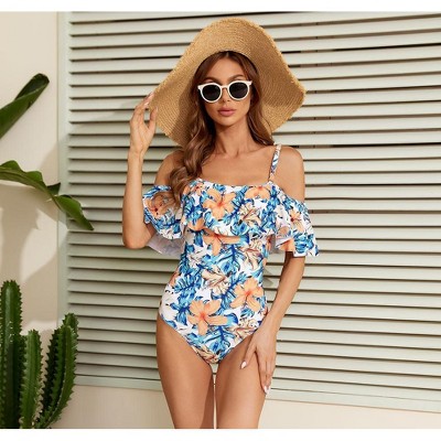 Women's One Piece Swimsuit Vintage Off Shoulder Ruffled Bathing Suits