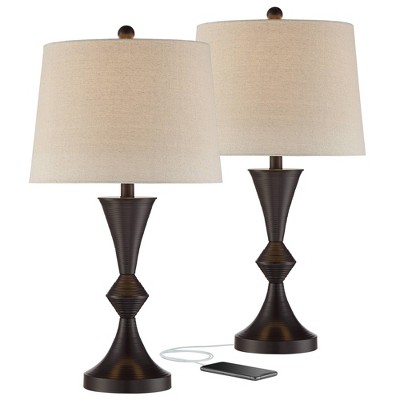 360 Lighting Modern Farmhouse Table Lamps Set of 2 with USB Charging Port Black Burlap Drum Shade for Living Room Bedroom House