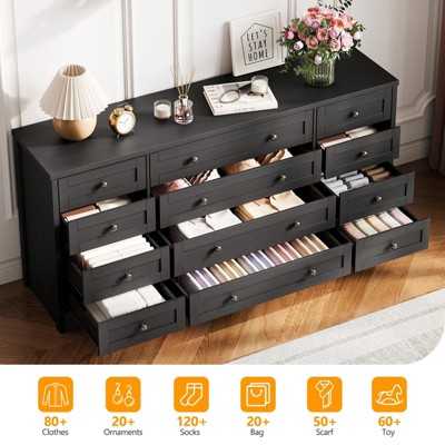 Wood Dressers for Bedroom with 12 Drawers, 63" Long Wooden Dresser, 16" Wide TV Stand Dresser for 65 Inch TV, Solid Wood Dressers